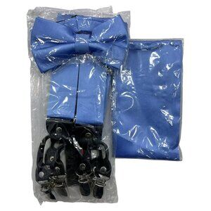 NEW HISDREN Men's Silk Set LUXURY Suspendor Bow Tie Pocket Square Solid Blue